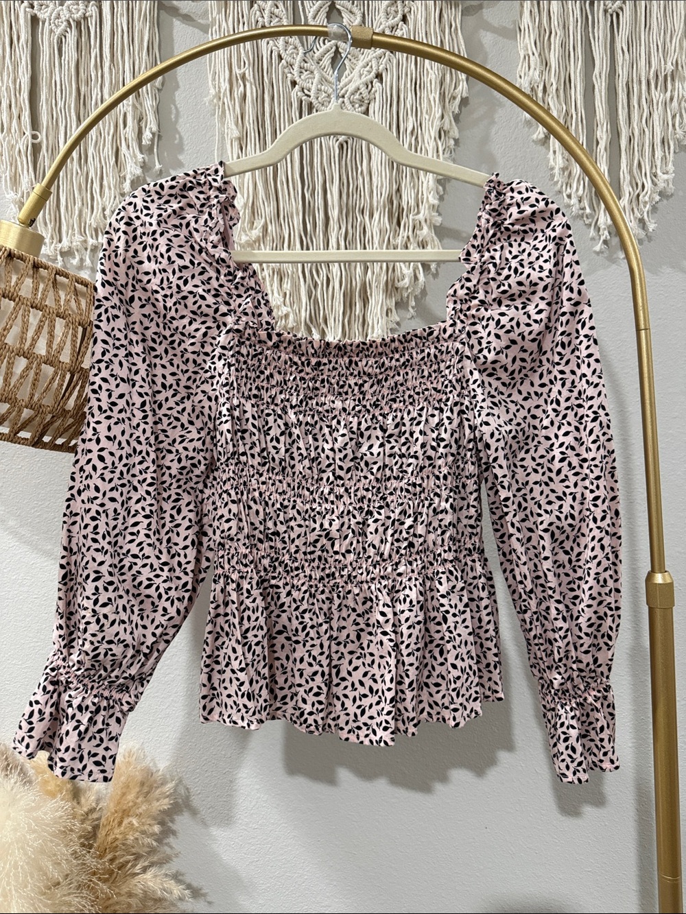 Smocked Square Neck Long Sleeve Top - Pink Leaf Print
